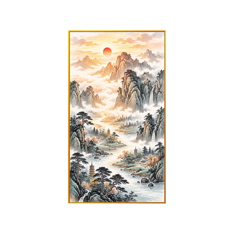 日照金山十字绣2026新款入户玄关全绣流水生财线绣云绕青山自绣