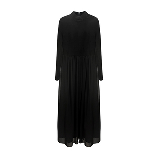 杨丽萍设计官方民族风中国风拼接微弹黑色长袖立领连衣裙女秋冬