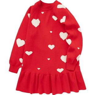 巴拉巴拉女童红色连衣裙儿童裙子新款春秋装新年中大童冬爱心针织