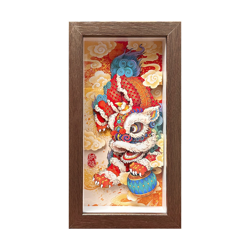 醒狮商务文创立体剪纸装饰画