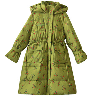 【冬日花事】原创印花加厚羽绒服女长款2025年冬季收腰可拆卸连帽