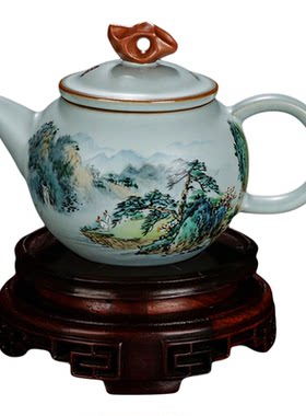 青澹汝窑茶壶手绘夏景图手工汝瓷泡茶壶釉上彩陶瓷可收藏定制款