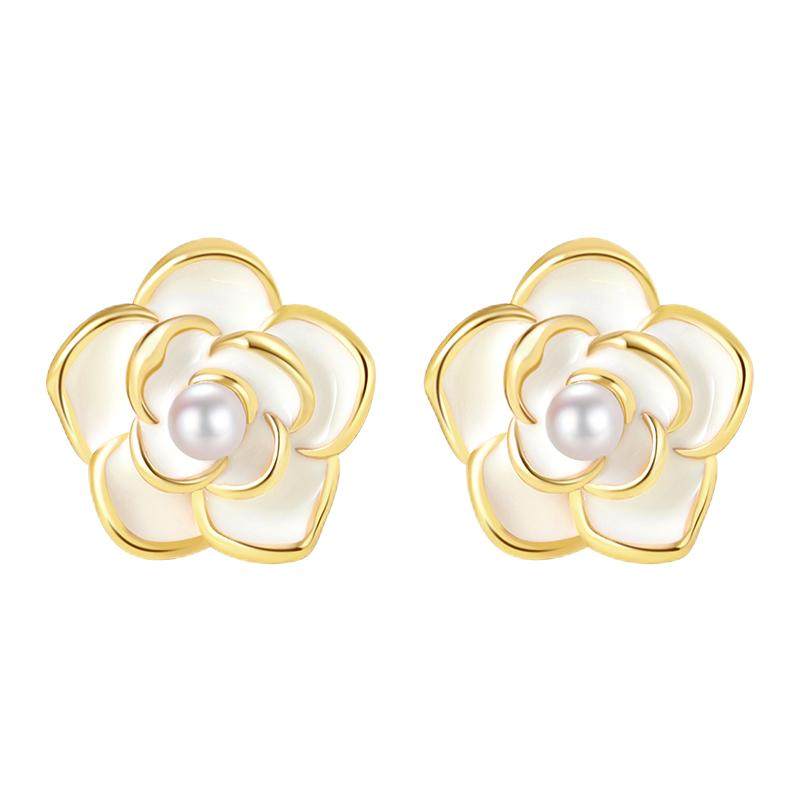 【中国黄金】珍尚银纯银山茶花耳钉女耳饰小众生日礼物送闺蜜S925