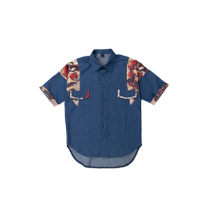 SMELT炼 夏日短袖衬衫 浮世绘印花拼接 柔软牛仔布料 日系复古风