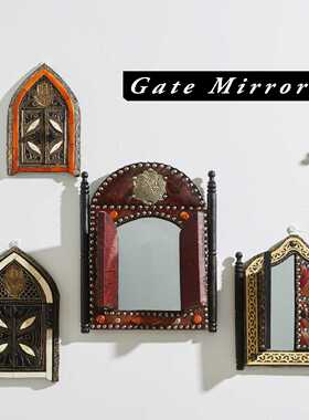 Gate Mirror摩洛哥手工木制铜纸皮贴面小门镜墙饰饰品壁饰镜子