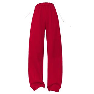 中国红高腰弯刀裤女2026春季新款宽松显瘦时尚休闲运动阔腿香蕉裤