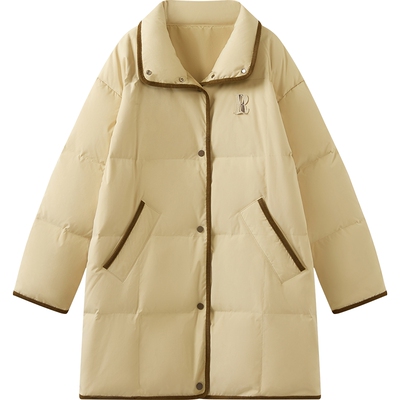 播撞色包边长款立领羽绒服女冬季宽松落肩外套DDS4RD5250