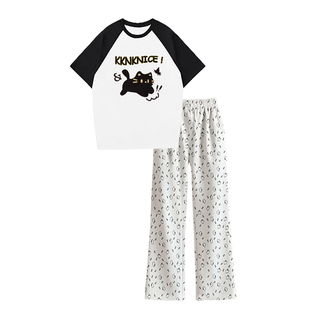 夏天薄款冰丝裤子少女初中生夏日穿搭套装短袖t恤宽松直筒印花裤