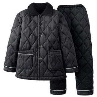 中老年睡衣秋冬季保暖三层加绒加厚夹棉家居服珊瑚绒爸爸套装新款