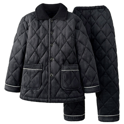 中老年睡衣男秋冬季三层加绒保暖