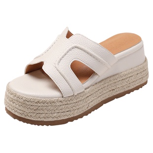 小个子增高草编坡跟一字拖鞋夏季外穿厚底凉拖鞋小码女鞋31323334