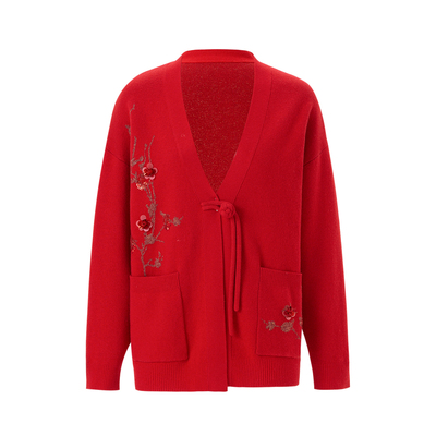 新中式红色羊毛刺绣亮片针织开衫