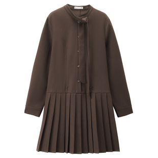 设计师款佐丹奴长袖裙子女装新款法式系带立领百褶连衣裙18465302