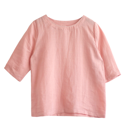 五分袖复古圆领纯色文艺T恤刺绣