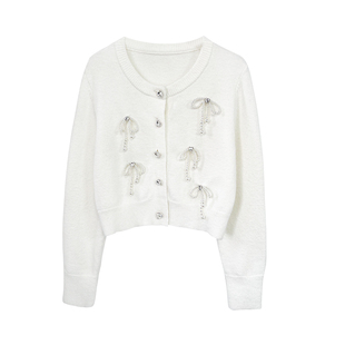 SainteYunne上与贵气千金软糯甜美珍珠蝴蝶结毛织开衫毛衣WT366