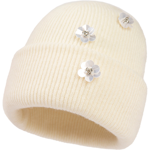 siggi 帽子女秋冬新款纯羊毛毛线帽无缝针织套头帽手工亮片甜美