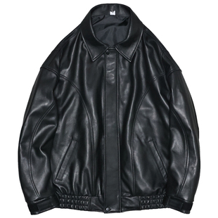 柔软头层绵羊真皮皮衣男女廓版宽松休闲简约翻领飞行服夹克外套党