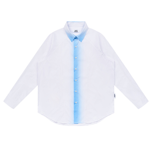 特惠6折起EMPTY REFERENCE白蓝条纹渐变分割长袖衬衣印花外搭衬衫