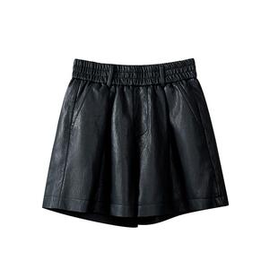 皮短裤a字版女2025秋新品休闲咖色松紧高腰pu皮裤时尚外穿阔腿裤