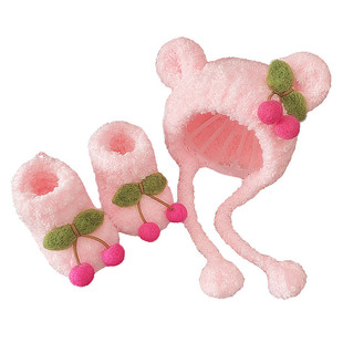 冬季婴儿鞋帽套装女宝宝帽子加厚珊瑚绒保暖毛线鞋帽满月婴幼儿鞋