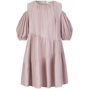 宝姿PORTSPURE女装夏季 露肩甜美泡泡袖淑女度假风中长粉色连衣裙