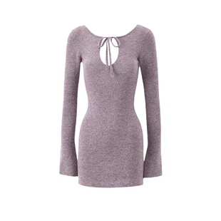 Heirloom 复古性感雾紫美丽奴羊毛露背连衣裙女毛织修身打底裙冬