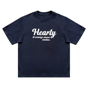 250g索罗娜藏青圆领印花短袖T恤男2026新款夏季百搭宽松休闲上衣