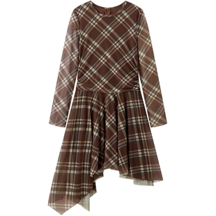 【商场同款】太平鸟格纹长袖针织连衣裙新款不规则裙摆A3FAF3264