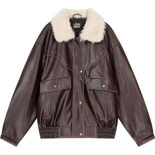 妖精的口袋复古擦色PU皮棉衣外套女2026年冬季新款大毛领皮衣棉服