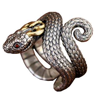 蛇戒指S925纯银角蝰蛇造型开口可调节指环男款复古民族风属蛇饰品