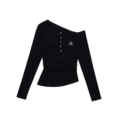 FDR官方店 斜肩长袖T恤女秋季美式辣妹黑色百搭修身显瘦打底上衣