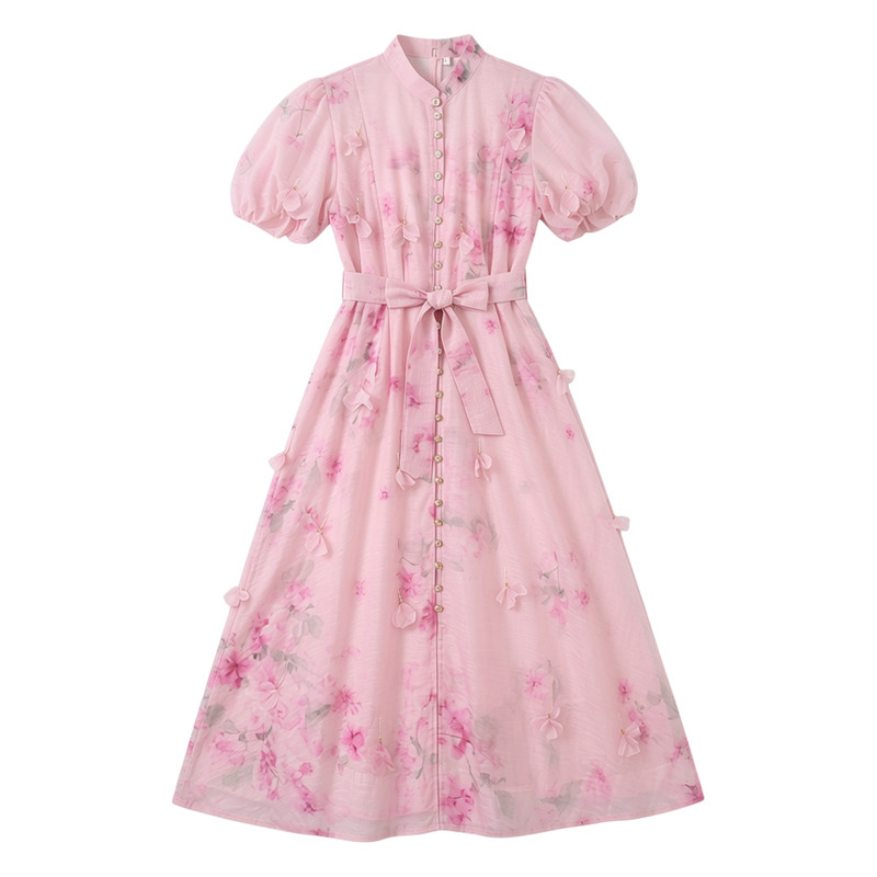 宫廷风粉色立体花泡泡袖大码礼服