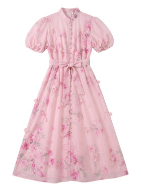 宫廷风粉色立体花泡泡袖大码礼服