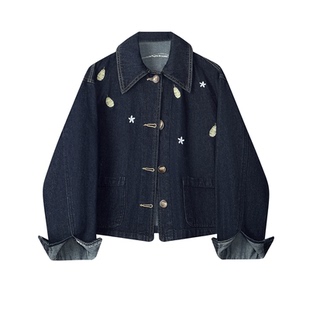 美式复古刺绣翻领牛仔外套女春秋2026新款时尚炸街宽松百搭夹克潮