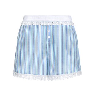 LEONSENSE力上司 泡泡纱条纹休闲短裤蕾丝女夏天弹力腰宽松阿罗裤