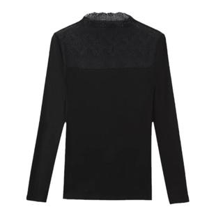 Outlets品牌折扣卡恩希秋冬新款 半高领拼接加厚保暖修身蕾丝衫女