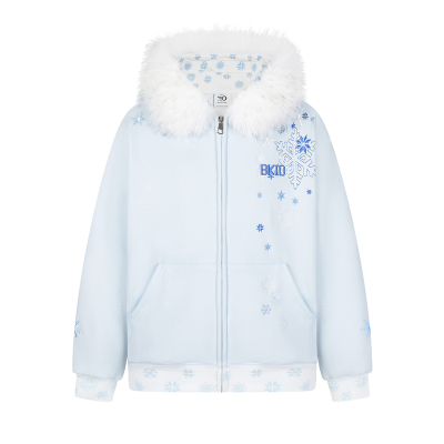 蓝色雪花刺绣毛领连帽卫衣外套女