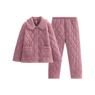 芬腾睡衣女冬季三层加厚珊瑚绒夹棉套装女款加绒抗静电家居服棉袄