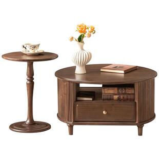 源氏木语实木茶几客厅美式复古圆几法式边几黑胡桃木大小组合茶台