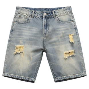 班尼路SK牛仔破洞短裤男新款2026夏季薄款宽松直筒水洗五分裤子YS
