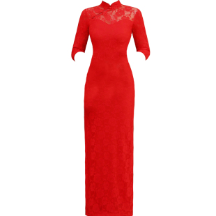 年会夜上海广场舞走秀旗袍长款红蓝色蕾丝大码演出服秀色梦舞009