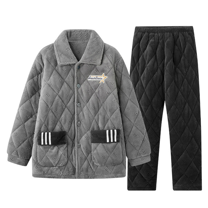 玛伦萨男士睡衣秋冬季三层夹棉袄加厚加绒保暖大码家居服套装