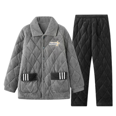 男士睡衣秋冬季三层夹棉袄