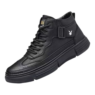 花花公子男鞋高帮黑色加绒保暖真皮休闲皮鞋软底冬季新款爸爸鞋