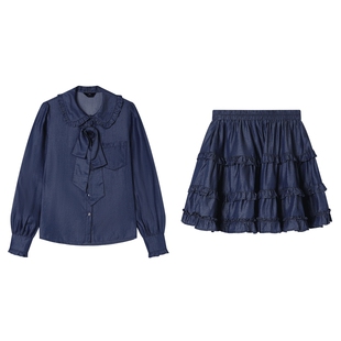 白鹿语复古甜美天丝牛仔套装25秋新款荷叶边蝴蝶结衬衫半裙两件套