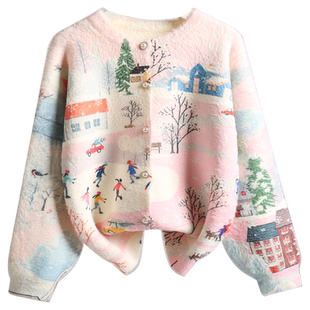 圣诞雪景IP女童毛衣开衫水貂绒秋冬装新款中大童儿童加绒针织外套