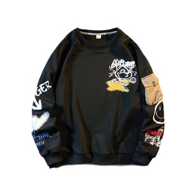 春秋季宽松休闲加肥加大涂鸦拼接卫衣男胖子肥佬大码圆领长袖T恤