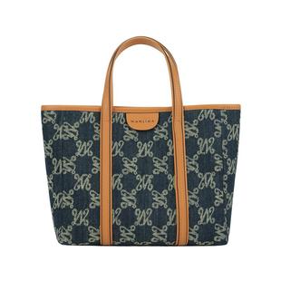 万里马丹宁牛仔老花托特包女大容量通勤斜挎单肩手提包复古水桶包