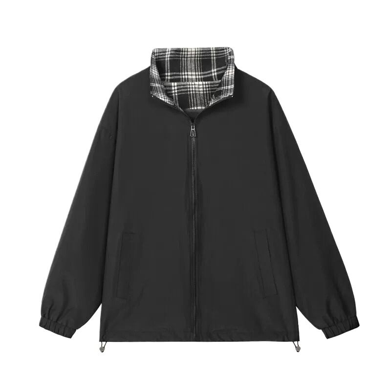 黑色cleanfit格子拼接外套男款秋季美式翻领棒球服潮牌少年感夹克