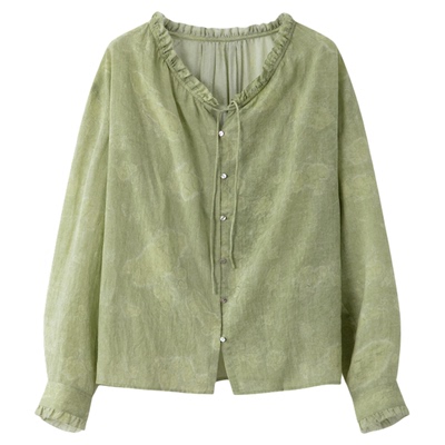 RUISHI芮时“植物系”100莱赛尔慵懒木耳边绑带长袖衬衫女春夏